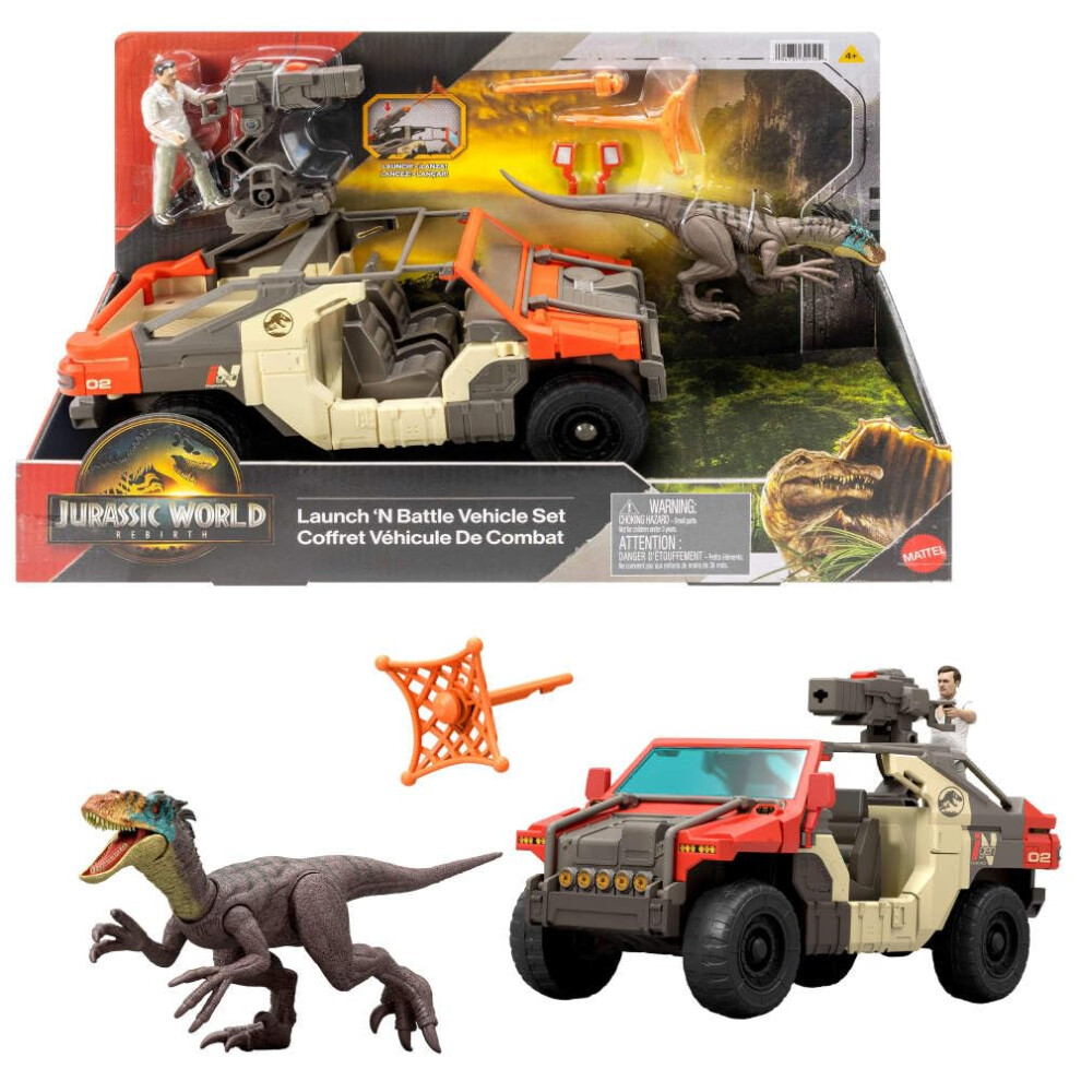 Mattel Jurassic World Rebirth: Launch 'N Battle Vehicle Set Dinosaur Toy Jgb59