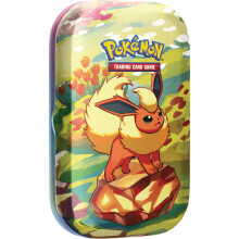 Pokemon TCG: Scarlet & Violet - Mini lata de evoluciones prismticas - Flareon (2 paquetes de refuerzo y 1 moneda)