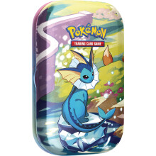 Pokemon TCG: Scarlet & Violet - Mini lata de evoluciones prismticas - Vaporeon (2 paquetes de refuerzo y 1 moneda)