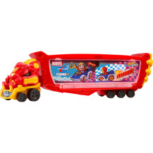 Hot Wheels RacerVerse Marvel Hulkbuster Transportador, Almacena Hasta 10 Coches, Cabina Desmontable con Casco Abatible
