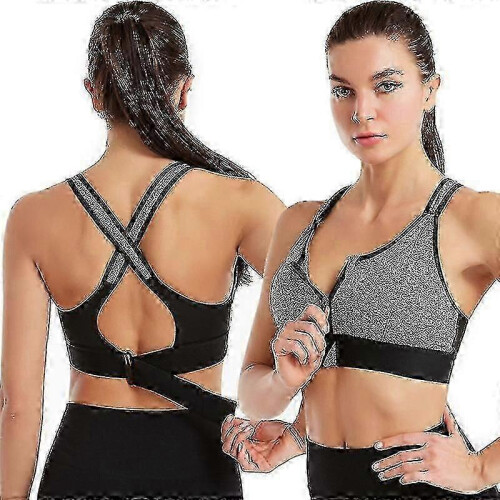 (M, GREY) Women Sports Bra High Zip Adjustable Bra