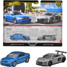 Hot Wheels JDY82 Premium 2er-Pack Audi S4 Quattro/Audi R8 LMS Fahrzeug-Spielzeug-Minicar, ab 3 Jahren, Mult