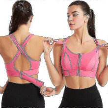 (L, PINK) Women Sports Bra High Zip Adjustable Bra