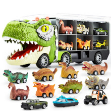 Dinosaur Truck Toys for Kids age 3-8, 12 Pull Back Dinosaur Car Vehicles, 1 Toy Dinosaur Transport Truck with Music and Roaring Sound, Flashing Lights