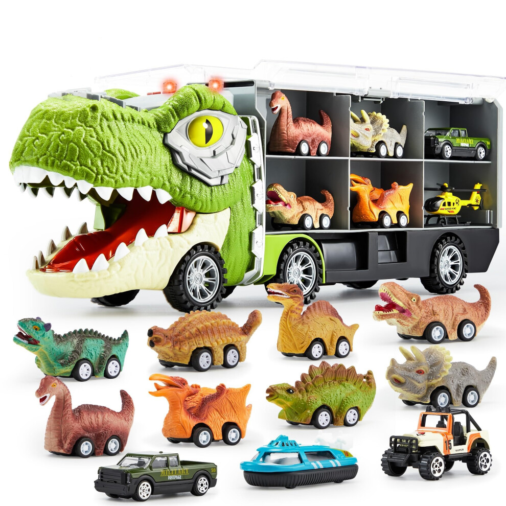 Joyin Dinosaur Truck Toys For Kids Age 3-8, 12 Pull Back Dinosaur Car Vehicles, 1 Toy Dinosaur Transport Truck With Music And Roaring Sound, Flashing Lights