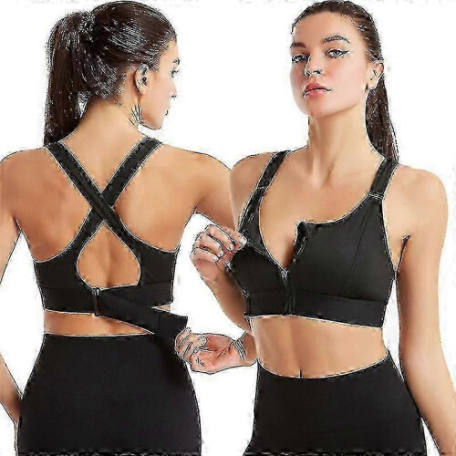 (L,BLACK)Women Sports Bra High Zip Adjustable Bra