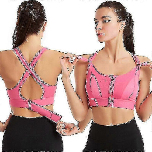 (M,PINK)Women Sports Bra High Zip Adjustable Bra