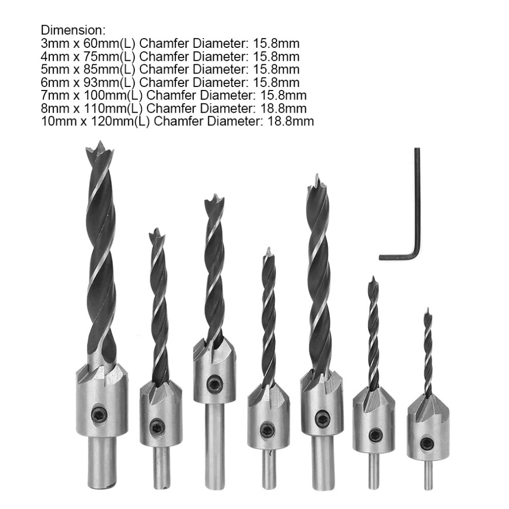 Wood Drill Bit Set 7Pcs Countersunk 5 Flute Chamfer Tool With Hex Key 6921362453164