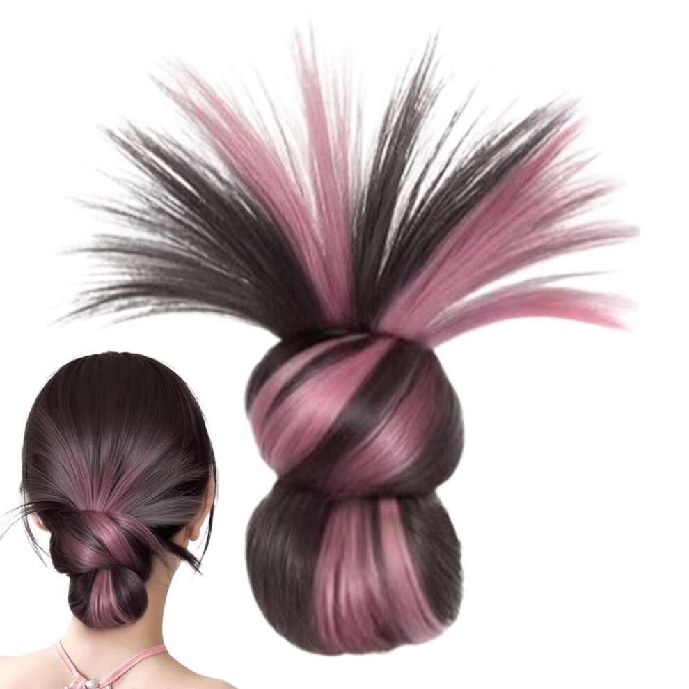 Unisex Pink Hair Bun Wig | Claw Clip Short Ponytail Hair Extension | Feathered Synthetic Wig For Quick Styling Updo Cheer Daily Wear