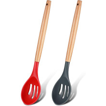 Uirlisí Cócaireachta Silicone atá Frithsheasmhach in aghaidh Teochta Ard, Forc Spúnóg Pasta le Láimhseáil Adhmaid, Cáilíocht Grád Bia le