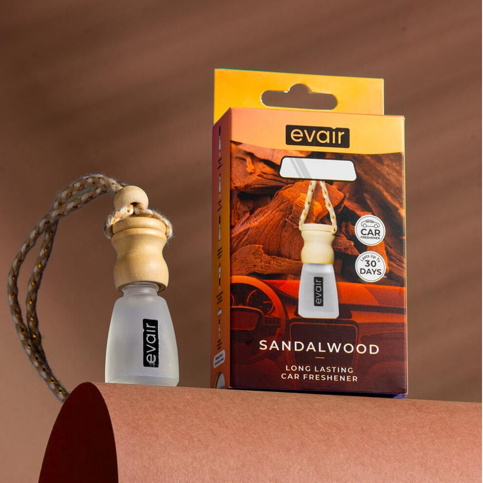Evair Sandalwood Scent For Car Air Freshener | Hanging Air Fresheners With Wooden Diffuser - Long Lasting Fragrance From Essential Oil 8908019927597