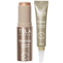 TULA Skin Care Bronzy Duo - Balsamo occhi energizzante Americano Spresso 0,35 oz + Trattamento labbra rimpolpante smalto all'acero 0,28 oz Kit da