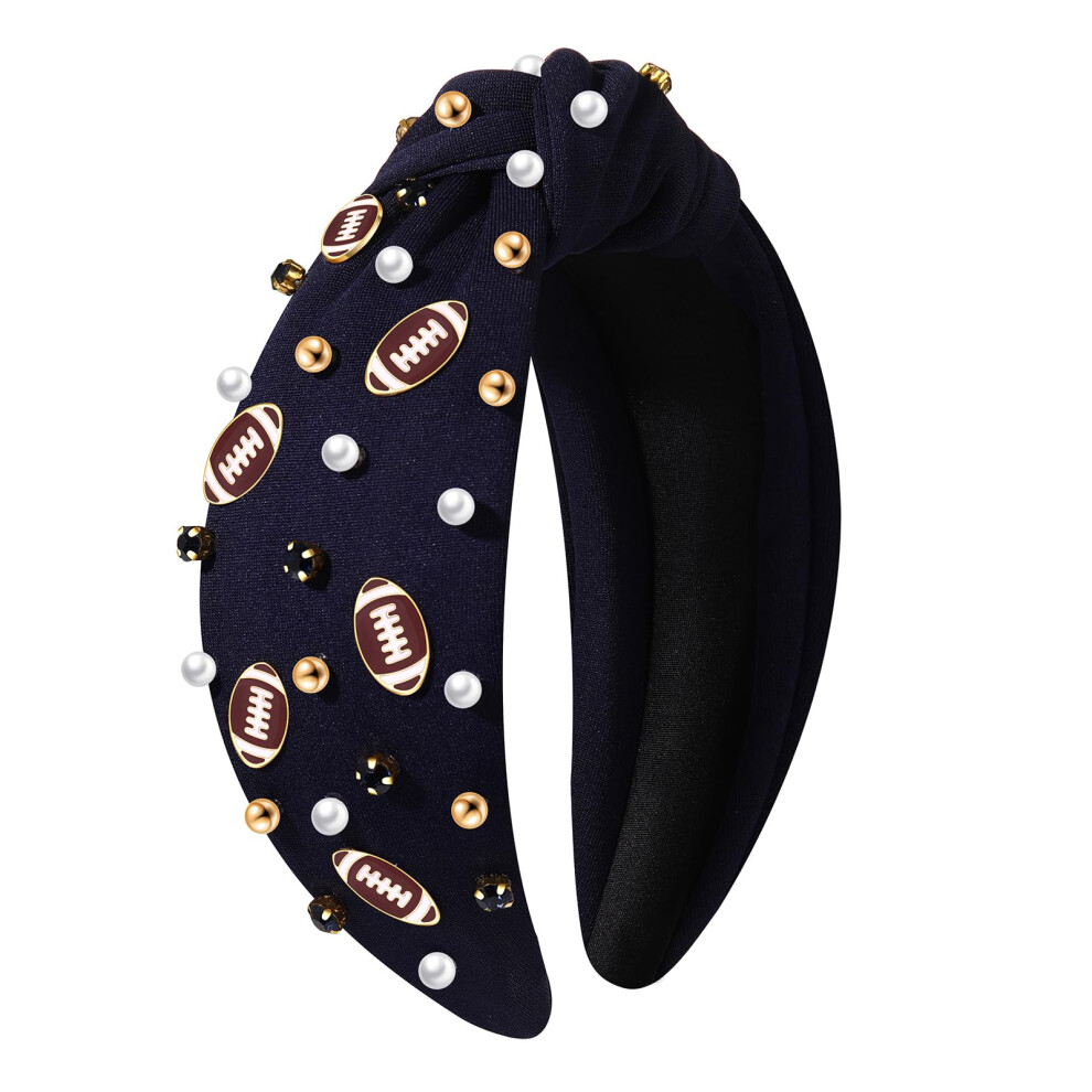 Zolearopy Football Headband Pearl Rhinestone Knotted Headband Football University College Team Spirit Hairband Game Day Sports Hair Accessories Gift For Footbal