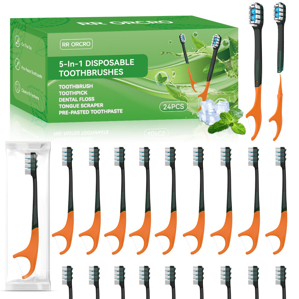 Rr Orcro 24Pack Disposable Toothbrush With Toothpaste All-In-One Oral Care Prepasted Individually Wrapped 5-In-1 Mini Toothbrush With Toothpick Flosser Tong