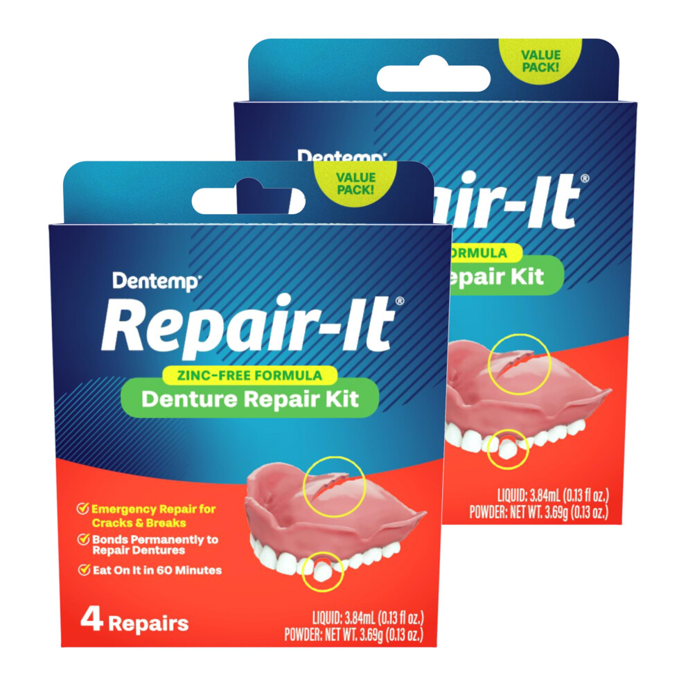 Dentemp Repair Kit - Repair-It Advanced Formula Denture Repair Kit - Repairs Broken Dentures Mends Cracks And Replace Loose Teeth (2 Pack (8 Count))