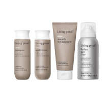 Living Proof Hair Essentials Kit bez krepaten cestovn velikost No Frizz Shampoo Conditioner Krm na hladk styling a Advanced Clean Dry Shampoo (