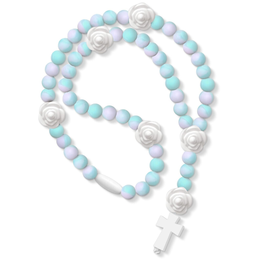 Silicone Baptism Rosary - First Communion Rosary Cross With God Loves You Card Rosarios Catolicos Rose Beads Baby Shower Baptism Gifts Blue Baeaieou