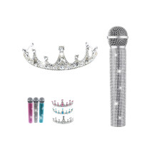 Set microfono finto e diadema di cristallo - Microfono giocattolo per ragazze con strass scintillanti e corona per Halloween, cosplay, regalo per