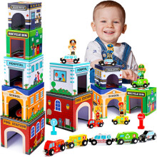 Babystapelspeelgoed voor peuters Magnetische houten auto's en garage Sorteren Gemeenschapshelpers Kleuteronderwijs Montessorispeelgoed Verjaardagscad