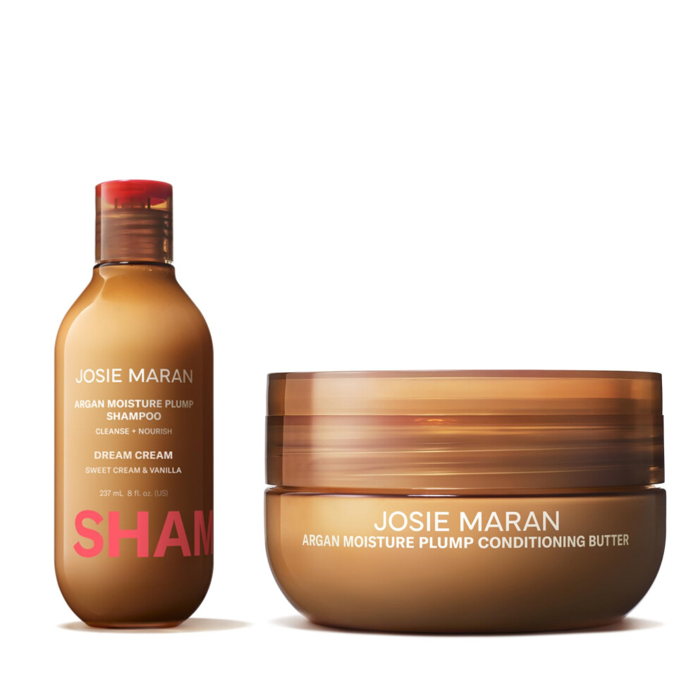 Josie Maran Love Is In The Hair Kit - Includes Argan Moisture Plump Hair Shampoo & Conditioner Butter - Hydrating & Volumizing - Strengthens & Repair