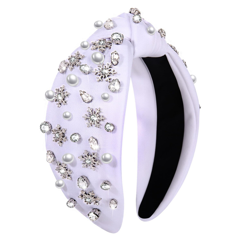Nvenf Unisex White Christmas Headband For Women Jeweled Xmas Plaid Headband Embellished Crystal Pearl Knotted Headbands Wide Top Knot Holiday Hairband Christmas Hair Acc