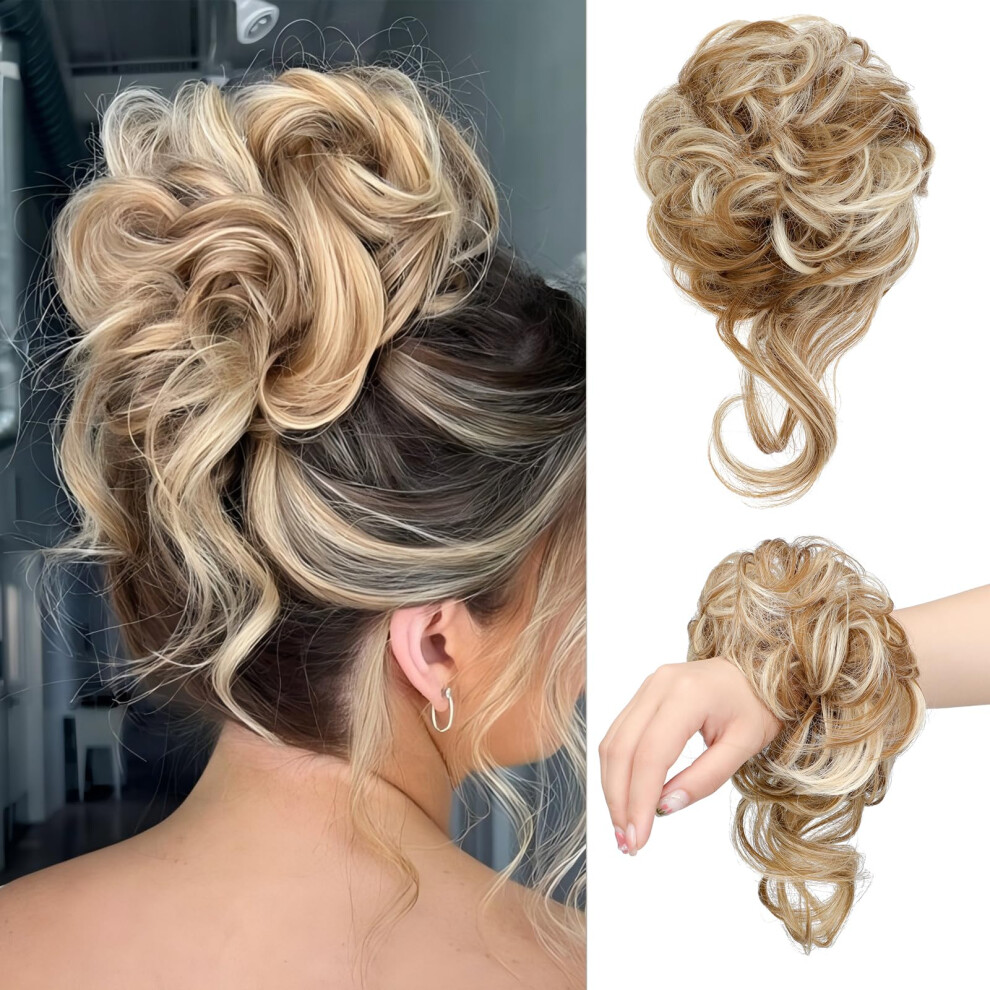 Feidylong Unisex Brown Messy Bun Hair Piece Tousled Updo Hair Buns Extension Elastic Band Curly Scrunchie For Women Curly Chignon Ponytail Hairpiece Daily Wear(Ginger