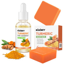 3PCS Kurkuma Zeep & Serum Set - Kurkuma Gezichtsserum + 2 Kurkuma Zeeprepen met Vitamine C & E - Reinigt diep Pori?n Vermindert Acne Controles Ol