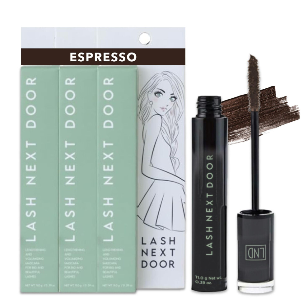 Lash Next Door Brown Espresso Mascara Volumizing And Lengthening Formula No-Clump Smudge-Proof 0.39 Fl Oz 3-Pack