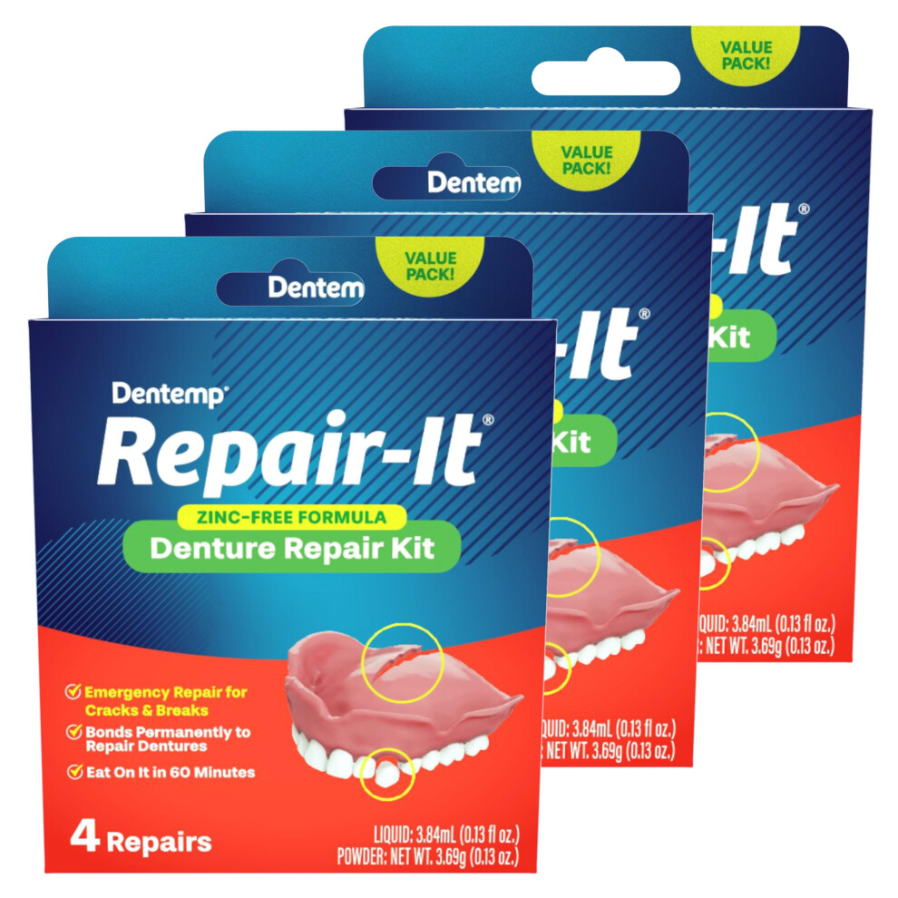 Dentemp Repair Kit - Repair-It Advanced Formula Denture Repair Kit - Repairs Broken Dentures Mends Cracks And Replace Loose Teeth (2 Pack (12 Count)