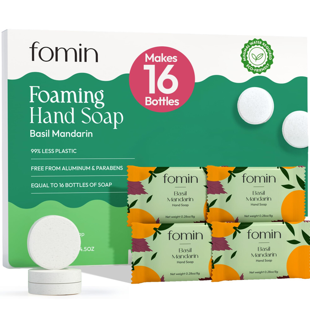 Fomin Foaming Hand Soap Refills (16 Pack) - Basil Mandarin Foaming Hand Soap Tablets - Skin Friendly Foam Soap Refill For Hand Wash - Makes 128 Fl Oz