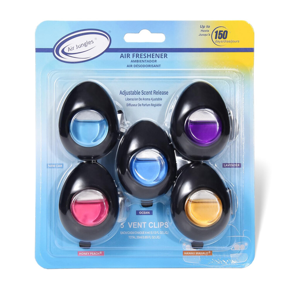 Air Jungles Car Air Freshener Vent Clip 5 Count Variety Pack - New Car Ocean Honey Hawaii Mahalo 4 Ml Each Long-Lasting Odor El Lavender/Peach 850071726046