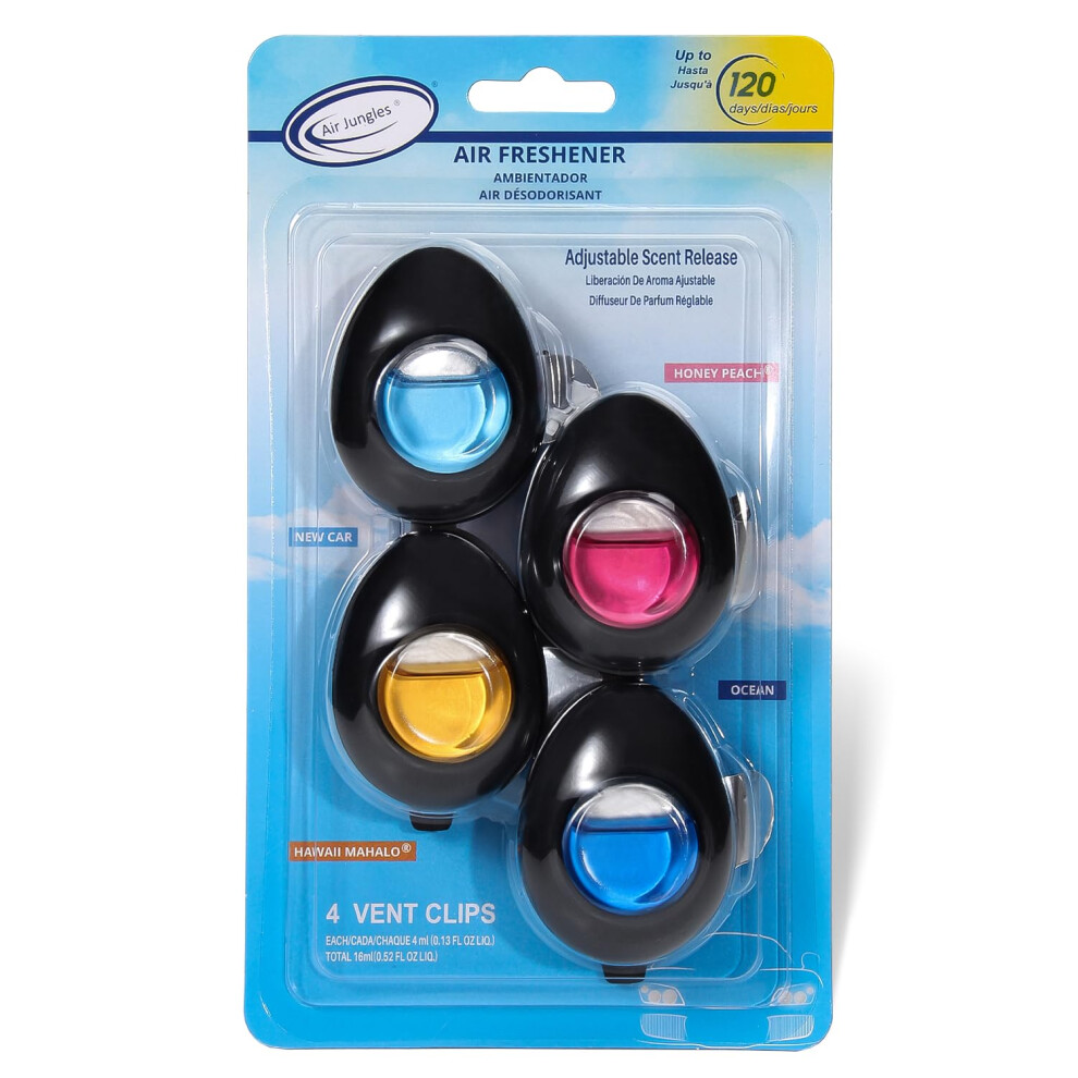 Air Jungles Car Air Freshener Vent Clip 4 Count Variety Pack New Car Honey Ocean Hawaii 4 Ml Each Long-Lasting Car Odor Eliminator Up T Peach 850071726039