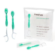 Freshee Bead -5 i 1 engngs minitandborste med uppfriskande prla + tandtrd + plocka + tungskrapa | Resestorlek | Individuellt inslagna | Mjuk |