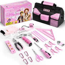 EZUVITA Set di Strumenti Reali per Bambini 32 Pezzi, Rosa con Borsa da 12", Certificato di Sicurezza, Attrezzi per Bambini 6+