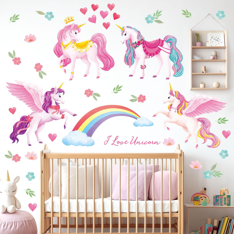 Decowall Girls Ds9-8072 Unicorns And Rainbow Wall Stickers Decals Birthday Decorations For Party Favors Unicorn Room Decor Bedroom Gifts Kids Colorfu