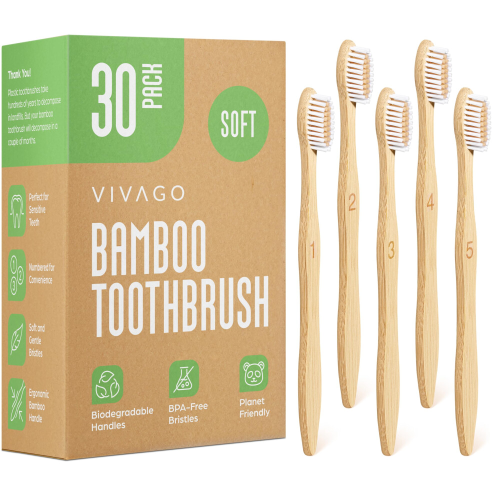 Vivago Bamboo Toothbrushes 30 Pack - Bpa Free Soft Bristles Toothbrushes Eco-Friendly Natural Wooden Toothbrush