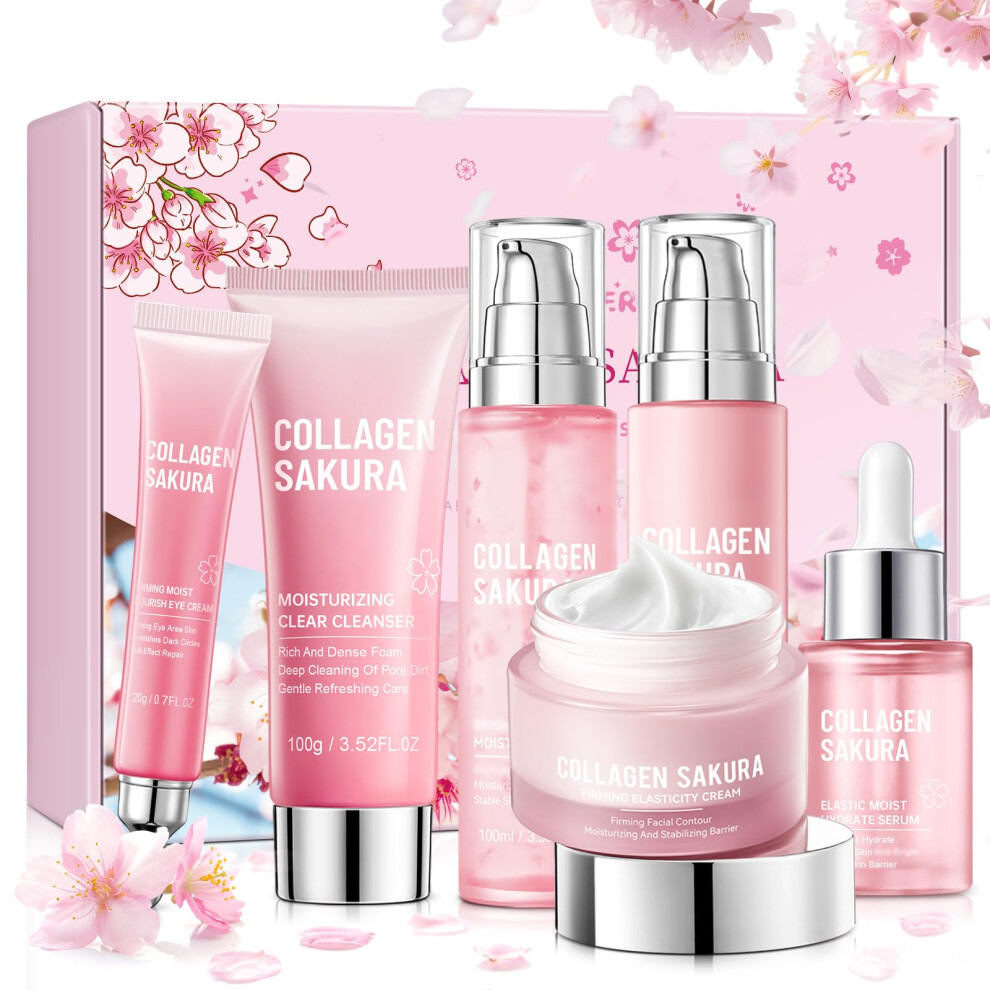 Mopayzer Collagen Sakura Skincare Gift Set Cherry Blossom Skin Care Set For Teen Girls & Women Moisturizing & Revitalizing Skin 6Pcs Collagen Skin Care Rou