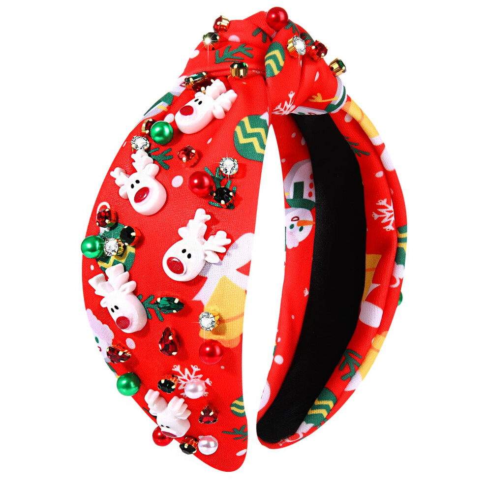 Nvenf Unisex White Christmas Headband For Women Jeweled Xmas Plaid Headband Embellished Crystal Pearl Knotted Headbands Wide Top Knot Holiday Hairband Christmas Ha