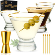 VEMACITY - Stemless Martini Glasses Set 4 kpl kultaisilla vanteilla & tankotykaluilla - Crystal Cocktail Glasses for Espresso Martinis Margaritas -