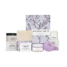 Natural Amor 5-delad Lavendel Spa Presentset - Bath Bomb Body Butter Bar Tvl Badsaltljus - Avkopplande sjlvvrdskit fr kvinnor - Presentask f