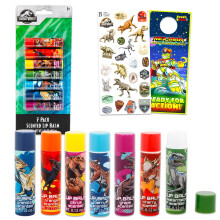 Zestaw tubek z balsamem do ust Jurassic World dla dzieci - 7 opakowan balsamu do ust w ksztalcie dinozaura w rσznych smakach oraz naklejki Wiecej | P