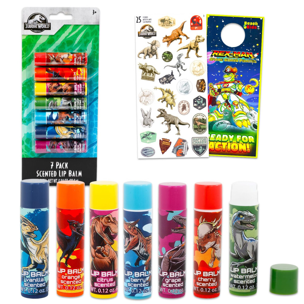 Jurassic World Lip Balm Tube Bundle For Kids - 7 Pack Of Dinosaur Lip Balm In Assorted Flavors Plus Stickers More | Party Favors For