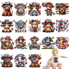19 Pcs 5.5 Inch Baby Iron On DTF Transfers with Patriotic Highland Cow Designs for Shirts 4th of July DIY Apparel Decorations and Gift Projects