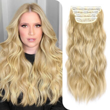 Clip-in Haarverlängerungen Goldbraun Mischbleiche Blond 20 Zoll Lange Wellenförmige Synthetik