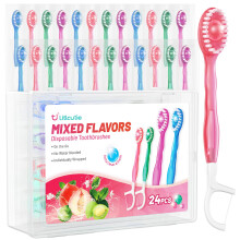 Litlcutie 24er-Pack 5-in-1-Einwegzahnbrsten mit Zahnpasta, Zahnseide und Zungenschaber, tragbares Mini-Zahnbrsten-Reiseset fr Kinder und Erwac