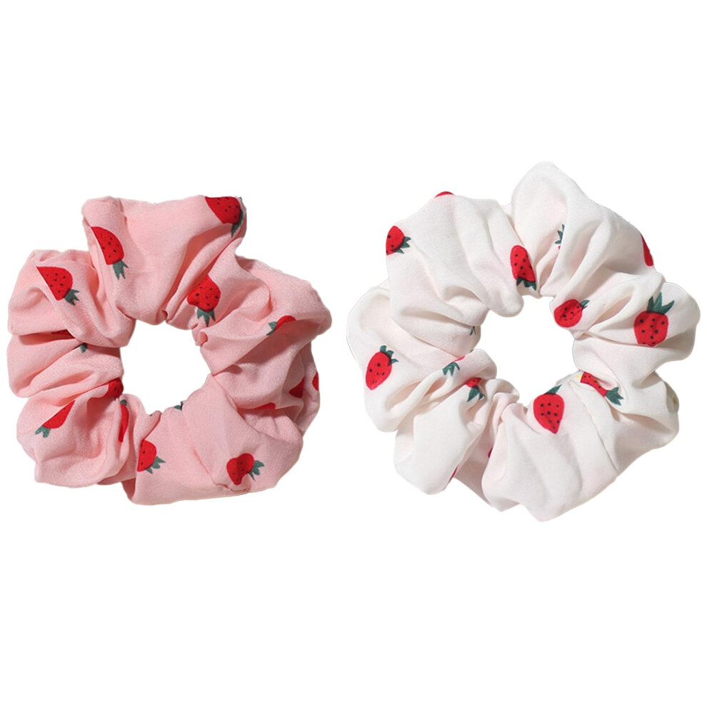 Pejlnd Pink/White Chiffon Scrunchies For Hair - 2Pcs Strawberries Print Satin Hair Scrunchies For Thick Curly Hair Ties Large Hair Elastic Bands Ponytail Hol