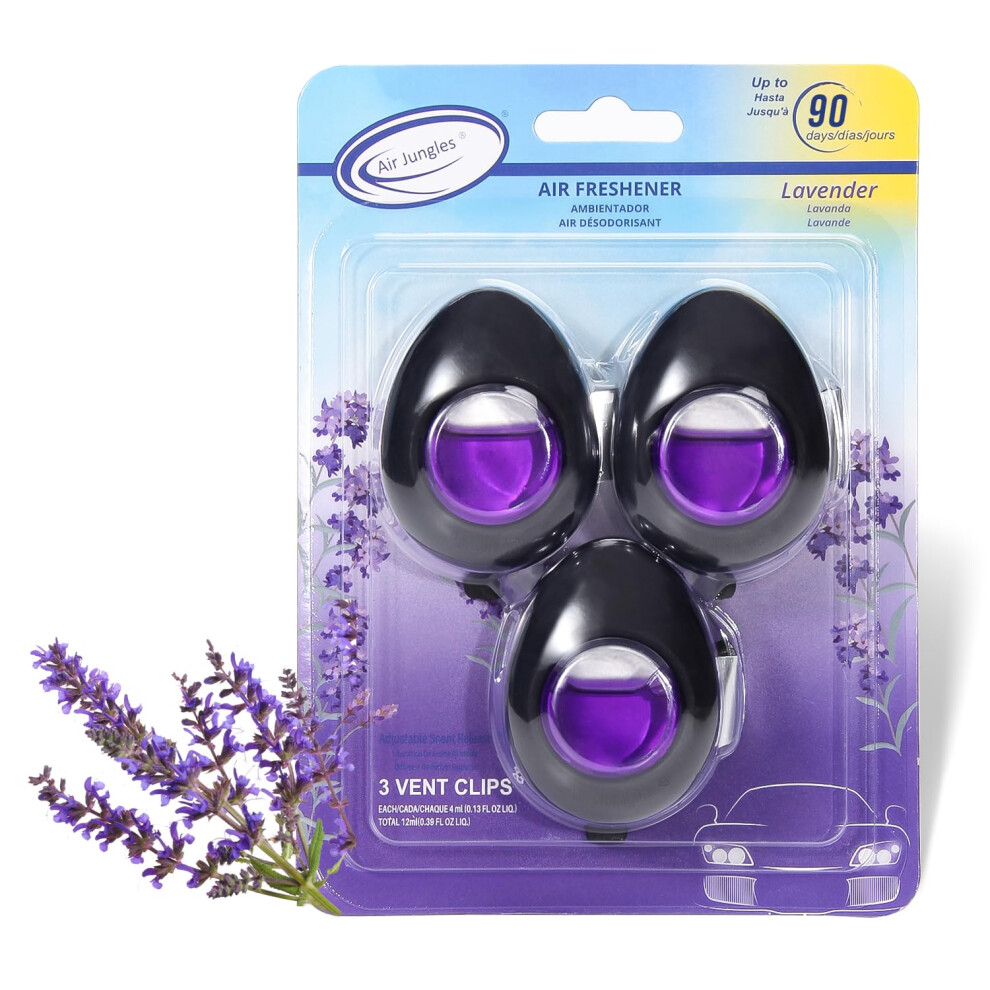 Air Jungles Car Air Freshener Vent Clip 3 Count Scent 4 Ml Each Long-Lasting Car Odor Eliminator Easy Clip-On Design Up To 90 Days Fres Lavender 850027181998