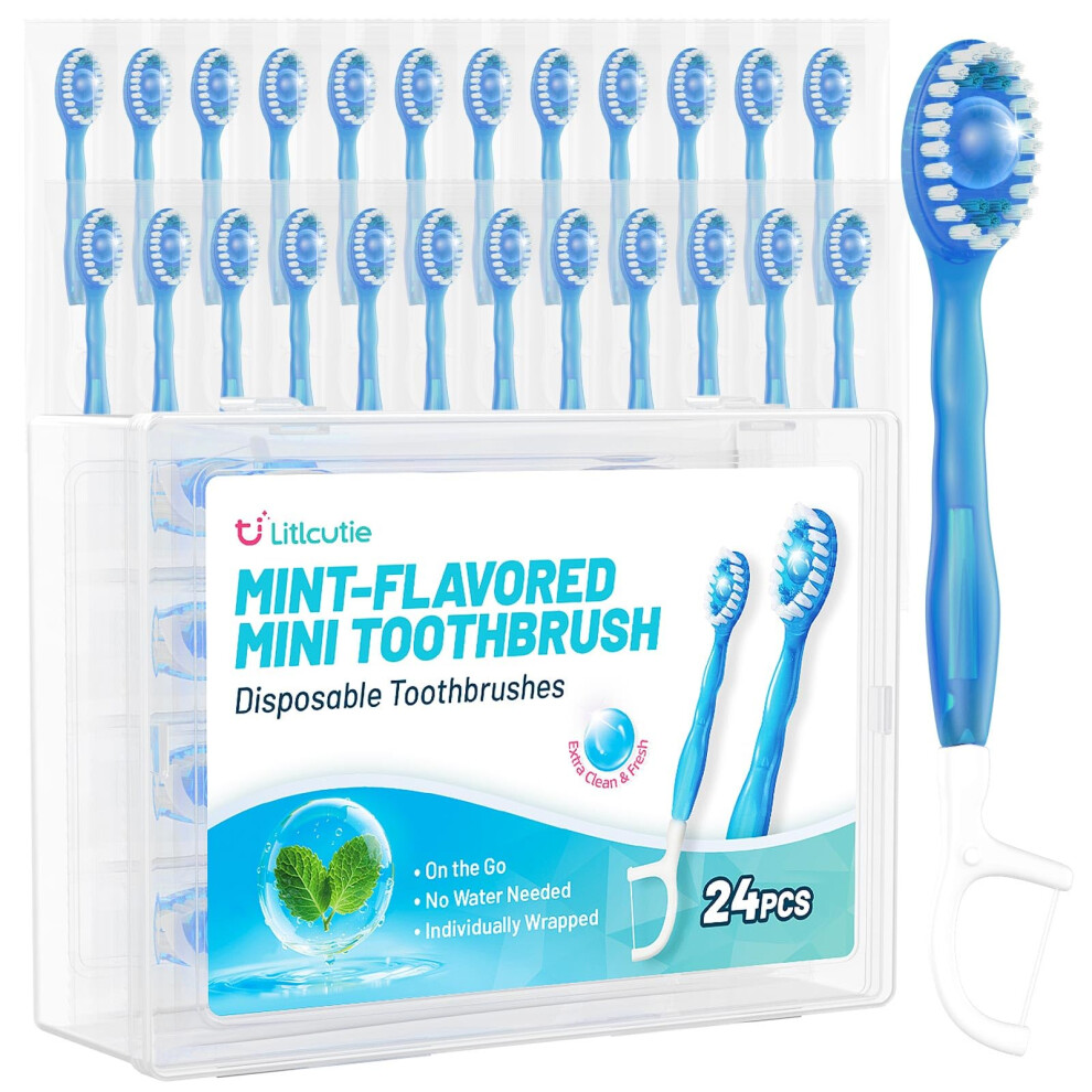 Litlcutie 24 Pack 5 In 1 Disposable Mini Toothbrushes With Toothpaste Floss Pick & Tongue Scraper Individually Wrapped Portable Toothbrush Travel