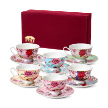 BTaT- Blomsterte kopper og underkopper med gave?ske 8 oz tekopper S?t med 6 kopper og underkopper Julegaver