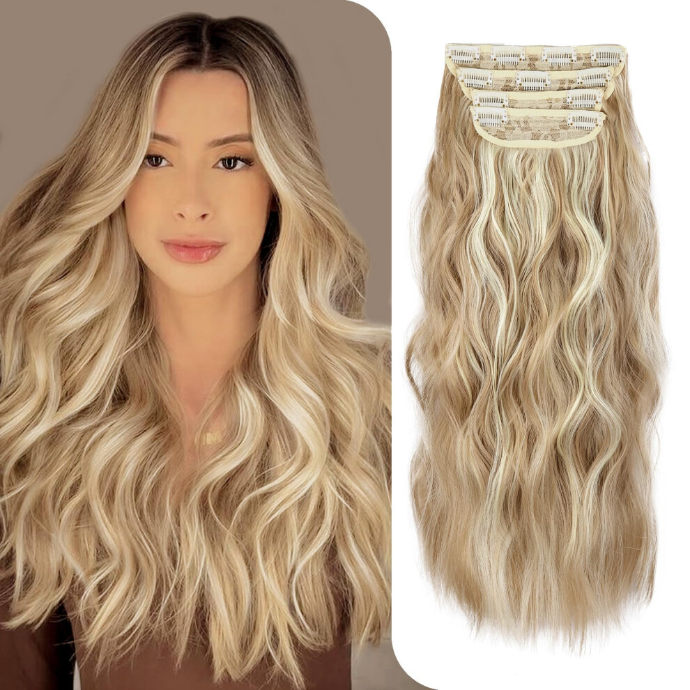Zweritoo Unisex 4Pcs Synthetic Ash Blonde Highlighted Bleach Blonde Clip In Hair Extensions 20 Inch Long Wavy Synthetic Hair Extensions Thick And Full For Women